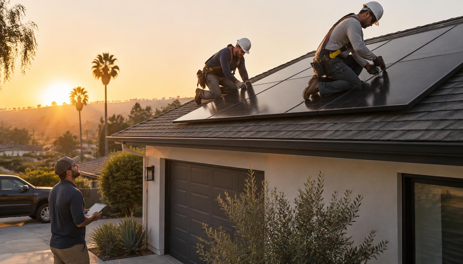 Solar installation crew mounting all-black rooftop panels on a residential home while a teammate reviews the job on a tablet