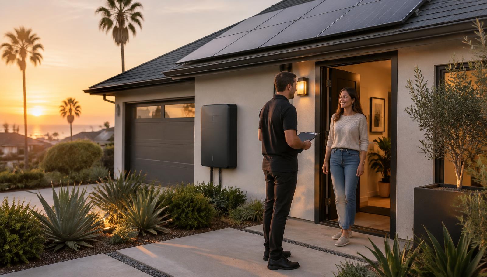 Solar consultant greeting a homeowner at the front door of a modern Southern California home with all-black rooftop panels