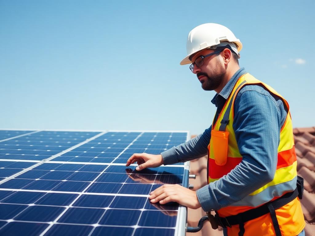 Technician inspecting a solar panel installation
